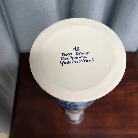 Tall Slender Blue Delft Bud Vase w/ Windmill on one side, Sailboat on the other - Picture 11 of 14